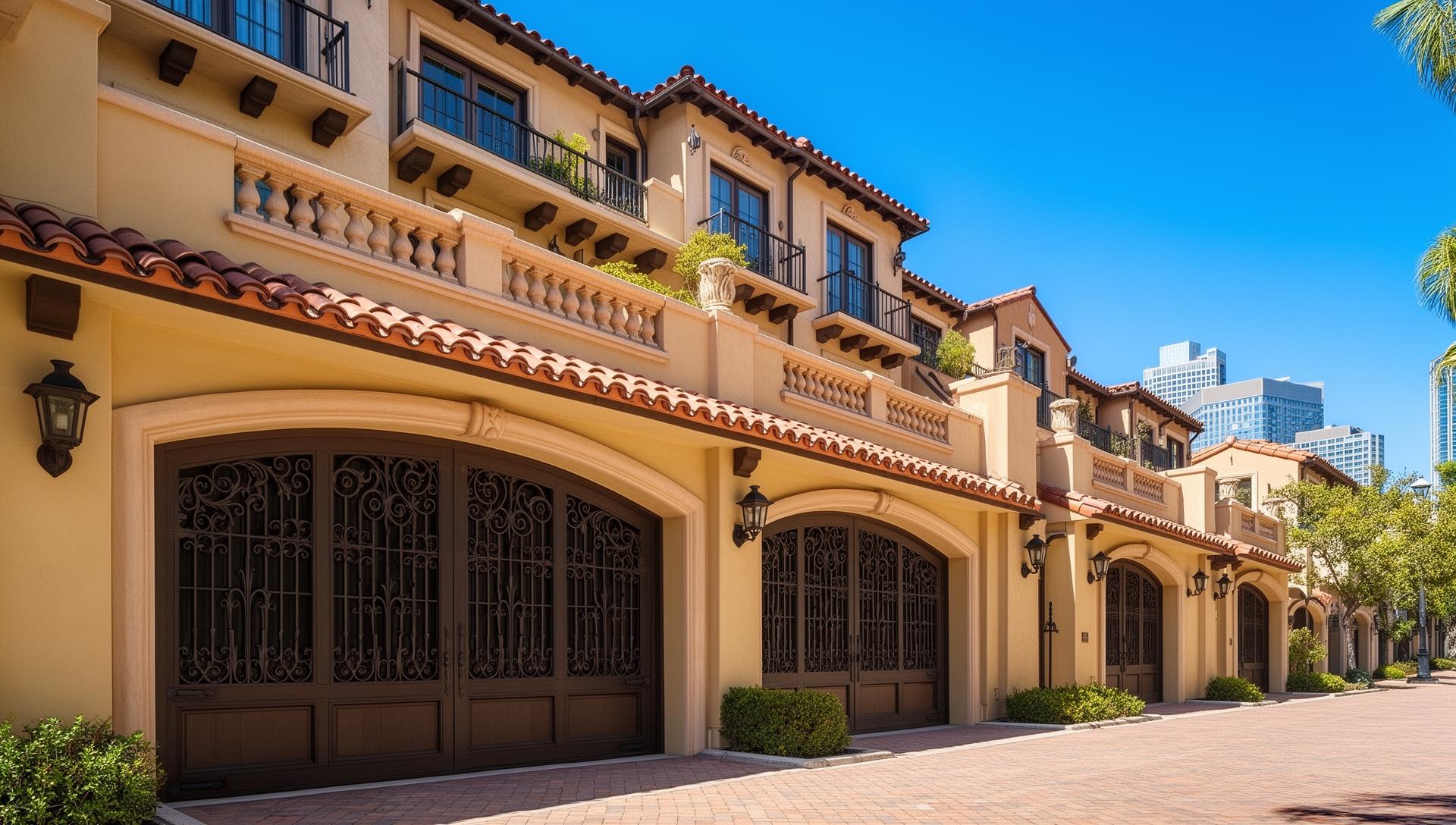 Spanish colonial style garage doors with decorative iron grilles on luxury townhouse in Severn NC